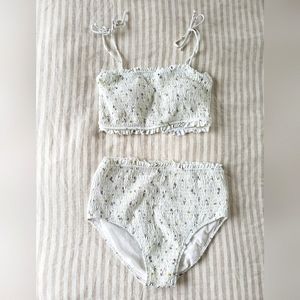 Fin and Vince women's smocked bikini, medium, white w/ yellow and purple flowers